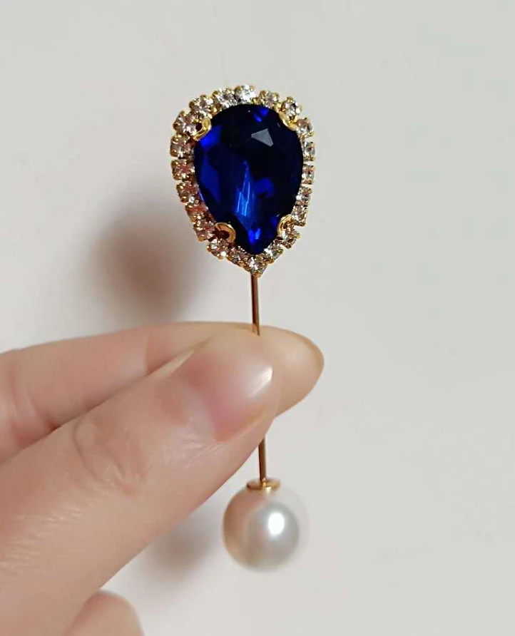 Royal blue Crystal Капли воды дизайн Свадебный мусульманский шарф хиджаб булавка кристалл жемчуг безопасности Воротник шляпа клип женские клипсы палочка ювелирные изделия Броши Мода - Окраска металла: Royal blue Crystal
