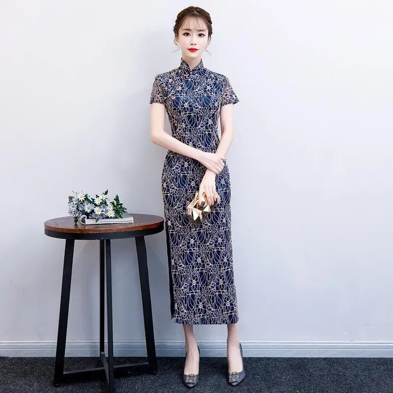 Элегантный кружево Девушка Плюс размеры 3XL 4XL Cheongsam Винтаж Тонкий Летнее китайское вечернее платье воротник стойка Восточный длинное Qipao - Цвет: Navy Blue