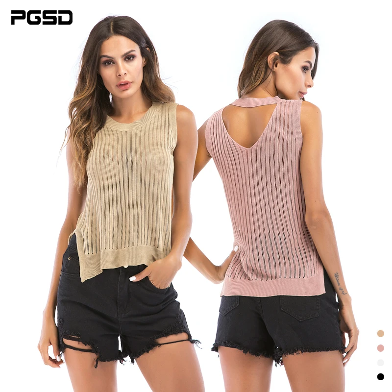 

PGSD New Summer Simple pure color casual Sexy Sleeveless O-Neck thin knitted hollow Hem fork Vest female Fashion women clothes
