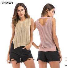 PGSD New Summer Simple pure color casual Sexy Sleeveless O-Neck thin knitted hollow Hem fork Vest female Fashion women clothes PGSD New Summer Simple pure color casual Sexy Sleeveless O-Neck thin knitted hollow Hem fork Vest female Fashion women clothes