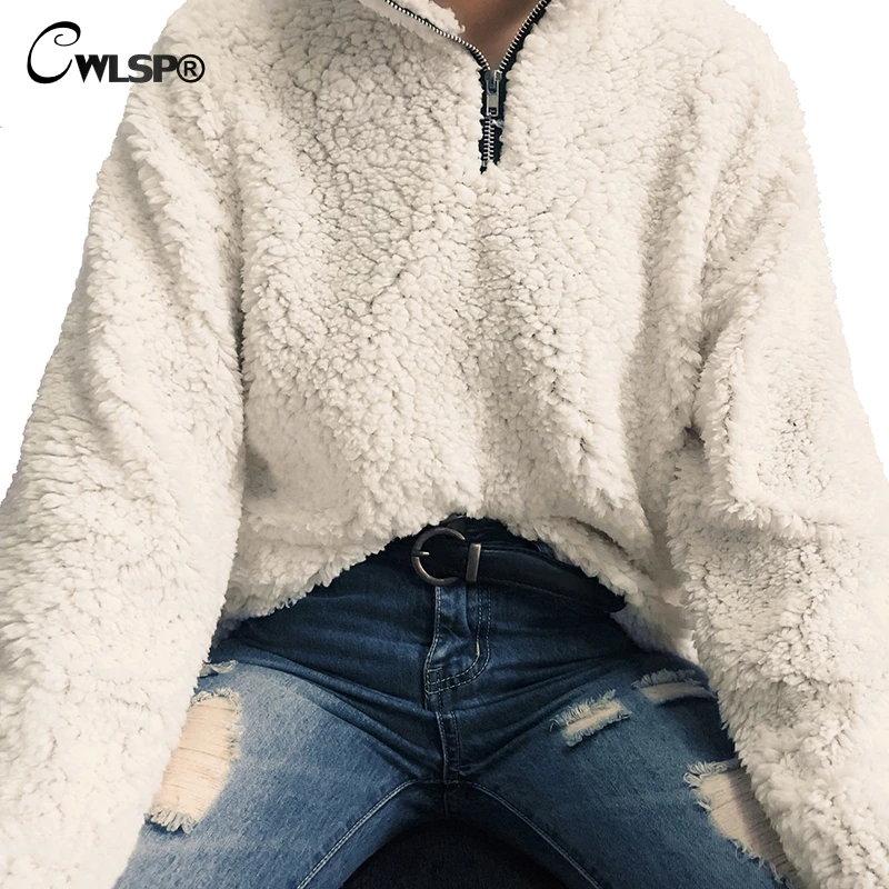 CWLSP 2018 Autumn Winter Plush Zipper Women Loose Sweatshirt Casual Warm Tops 6 Color Plus Size Pullovers Pull Femme QZ3120