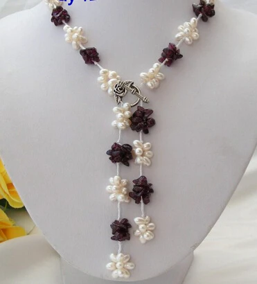 

Jewelr 005340 classic white freshwater cultured pearls red garnet necklace
