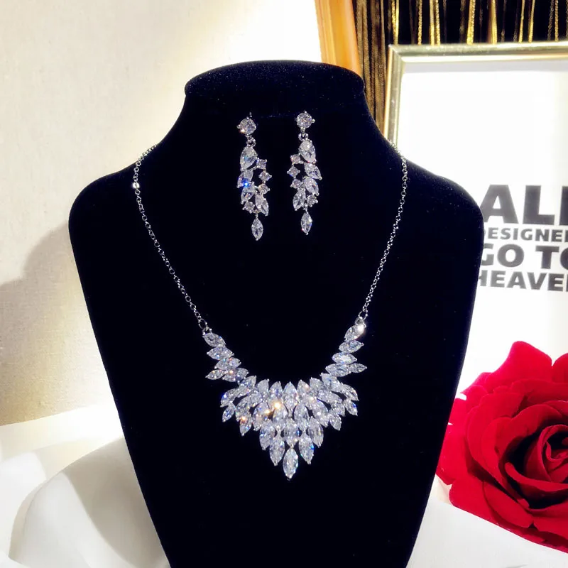 Fine Jewelry Sets For Women 925 Sterling Silver Cubci Zirconia Necklace Pendant Drop Earrings Luxury Bridal Wedding Bijoux Femme