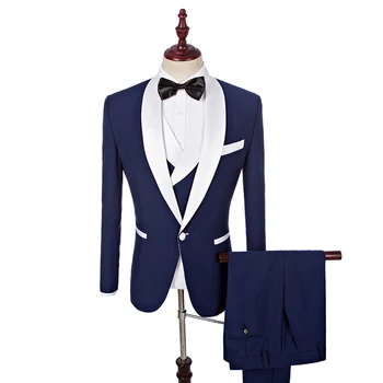 

Blue Groom Tuxedos With White Lapel Men Suits For Wedding New Classic Business Man Suit(Jacket+Pants+Vest+Bow Tie)