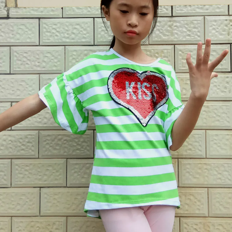 

Colorful Sequins Girls T-shirts Tops summer girl cotton striped Tees casual Kids Tshirts Children Clothes