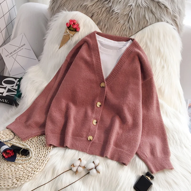 Best Price autumn new 2019 fleece women sweater and cardigan button v-neck solid lady female outwear coat tops