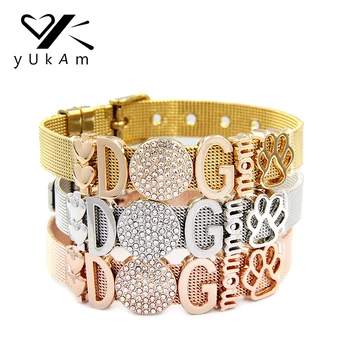 

YUKAM Jewelry Crystal Animal Dog Mom Double Heart Paw Slide Charms Keeper Bracelets Bangles Women Stainless Steel Mesh Bracelets