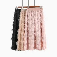 Сезон весна-лето женский сплошной цвет шифон кисточки плиссированные юбки Женская высокая талия старинные юбка