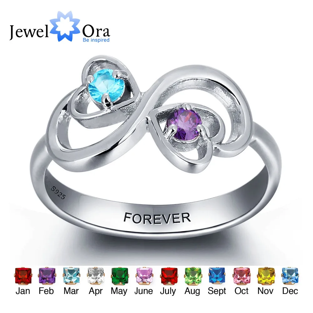 Personalized Engrave Birthstone Jewelry Heart Stone Name Ring 925 Sterling Silver infinity Love Rings (JewelOra RI101959)