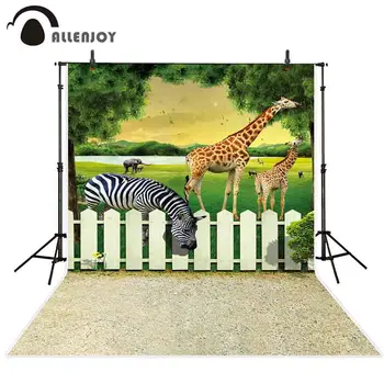 

Allenjoy photography backdrops 3D animal zoo white wood fence zebra giraffe child newborn photo studio background photocall