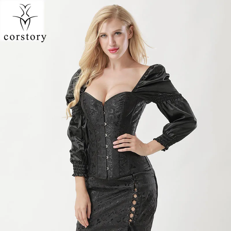 Corstory Vicotrian черный парча с длинным рукавом Overbust корсет талии тренер зашнуровать Сталь костей стимпанк Корсеты и бюстье