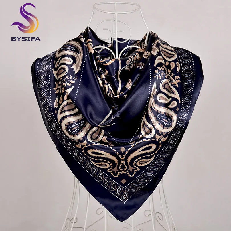 navy blue 577 Весна и осень женский атласный шарф, большой квадратный шарф с принтом, женский шарф, фиолетовый полиэстеровый шелковый шарф, шаль 90*90 см - Цвет: navy blue 577