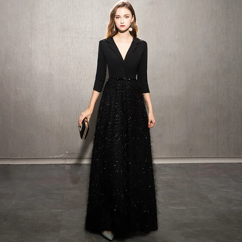 

2019 New Black Evening Dresses Elegant Lace Evening Gowns Long Formal Evening Dress Styles Women Prom Party Dresses
