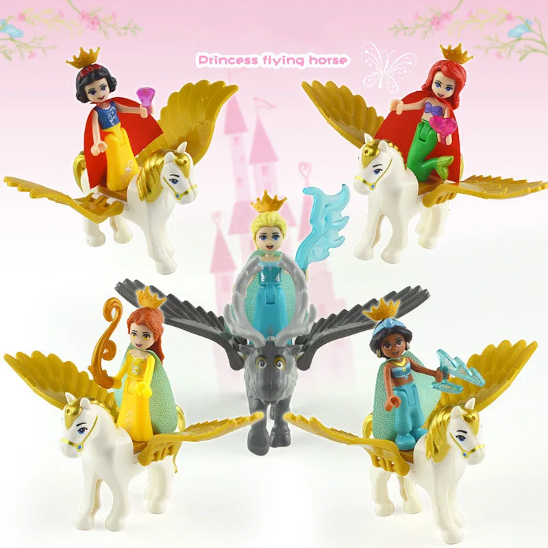 Baratos 10 Uds. Nuevo LegoINGlys niña amiga cuento de hadas princesa sirena Elsa Anna bella caballo volador bloques de construcción ladrillos figuras Juguetes
