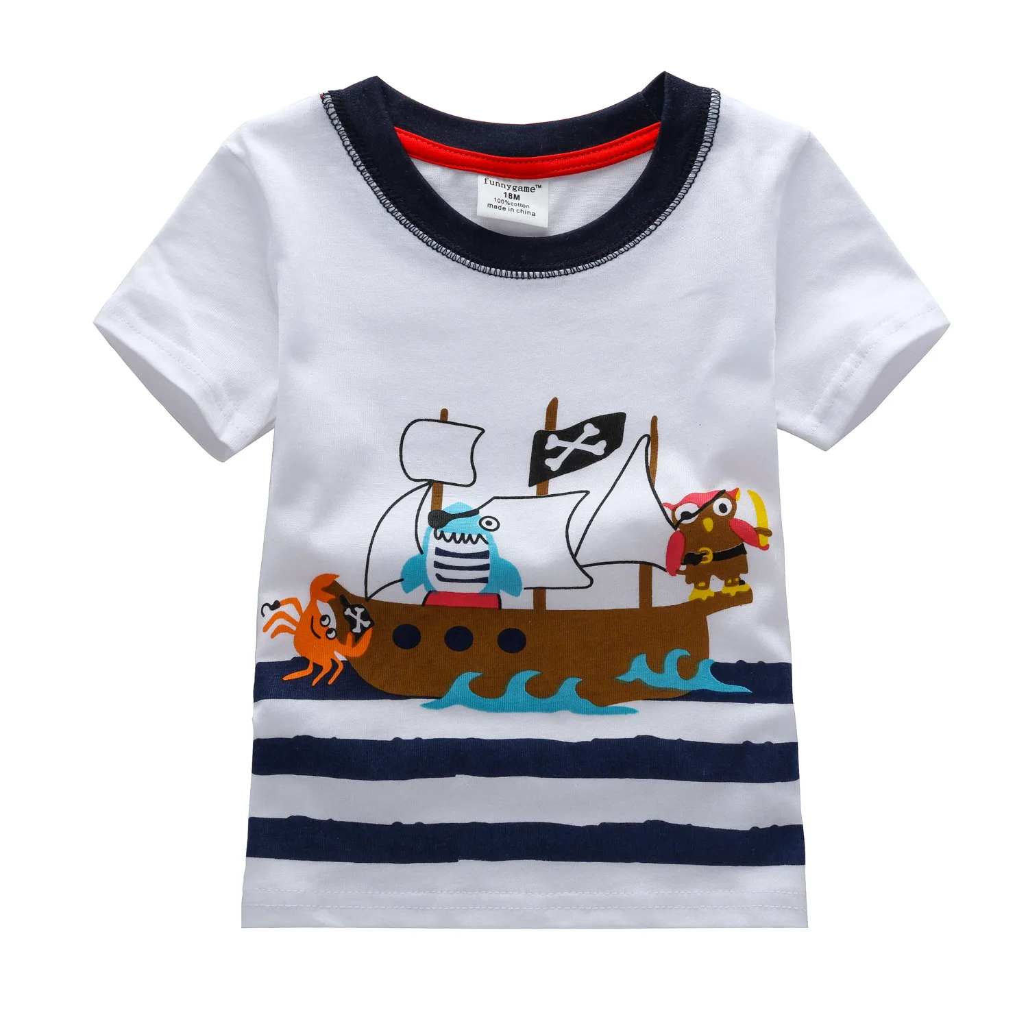 

Children T-shirt Summer 2018 New Cartoon Pirate Ship Print T-shirts Baby Boys Striped Short Sleeve Clothes Casual Tees Camiseta