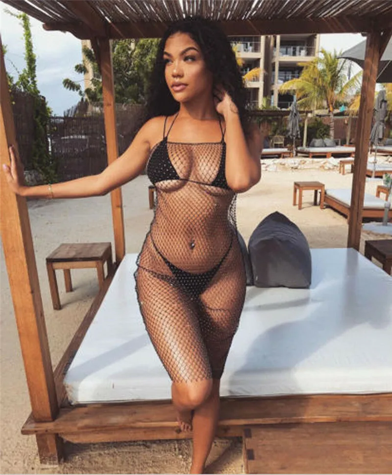

New 2019 Women Sexy Bikini Sequin Crochet Beachwear Black Fishnet Cover Up Swimwear Sexy Sling Mini Dress