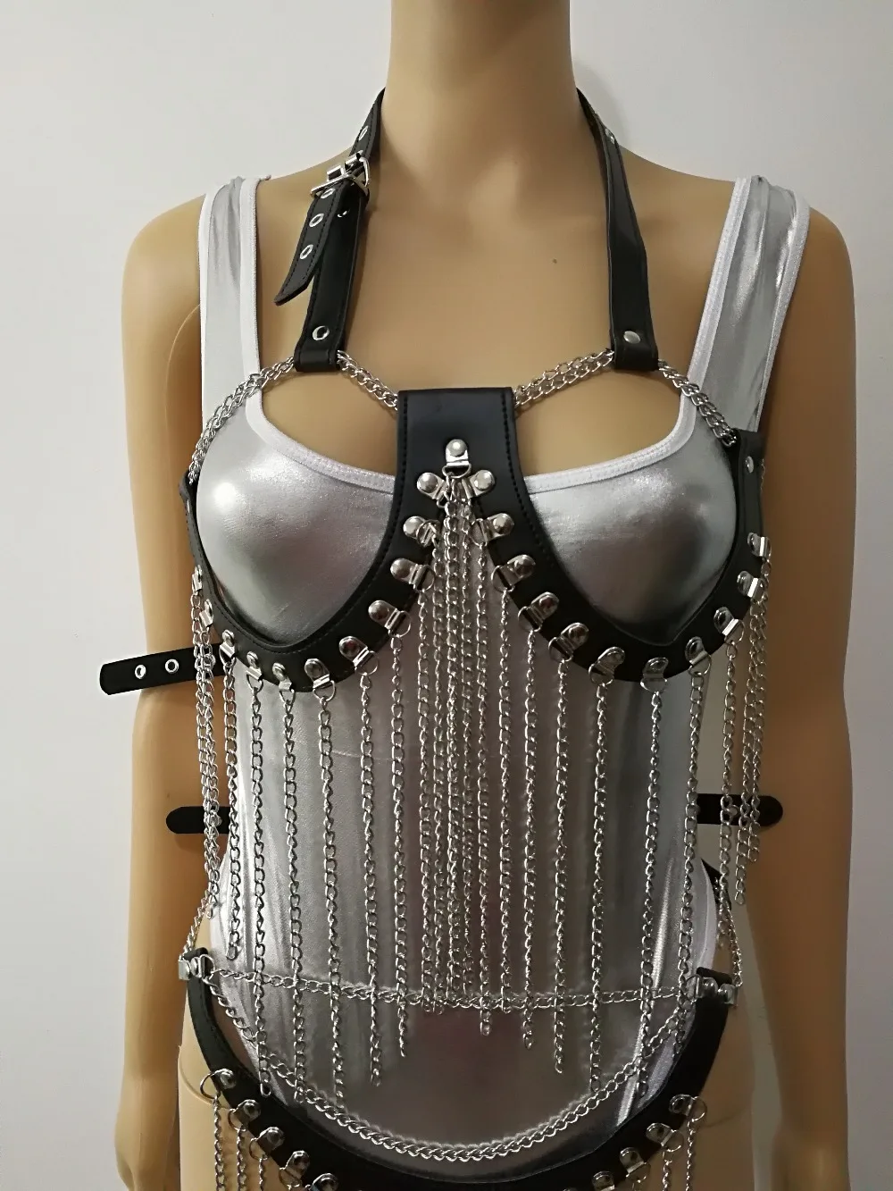 New Arrival B758 Women Leather Harness Silver Slave Bra Body Chains