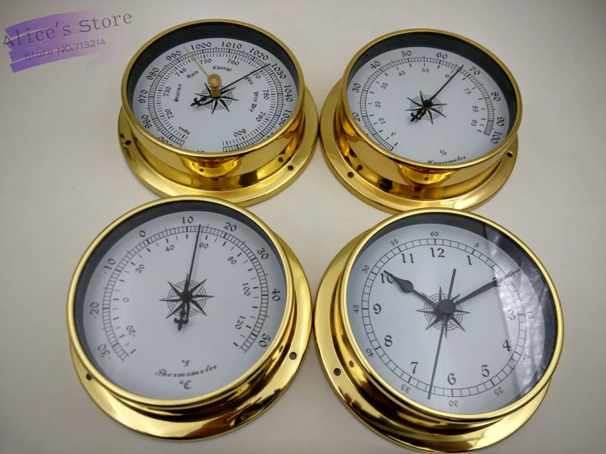 

4 pcs/set Brass Case Traditional Weather Station Barometer Temperature Hygrometer Humidity and Clock (White Dial) 115mm B9115