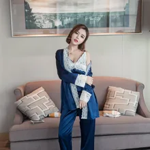 Модные женские с длинными рукавами шелковые пижамы Весна и лето кружевной спортивный костюм Штаны 3 шт. для женщин пижамы