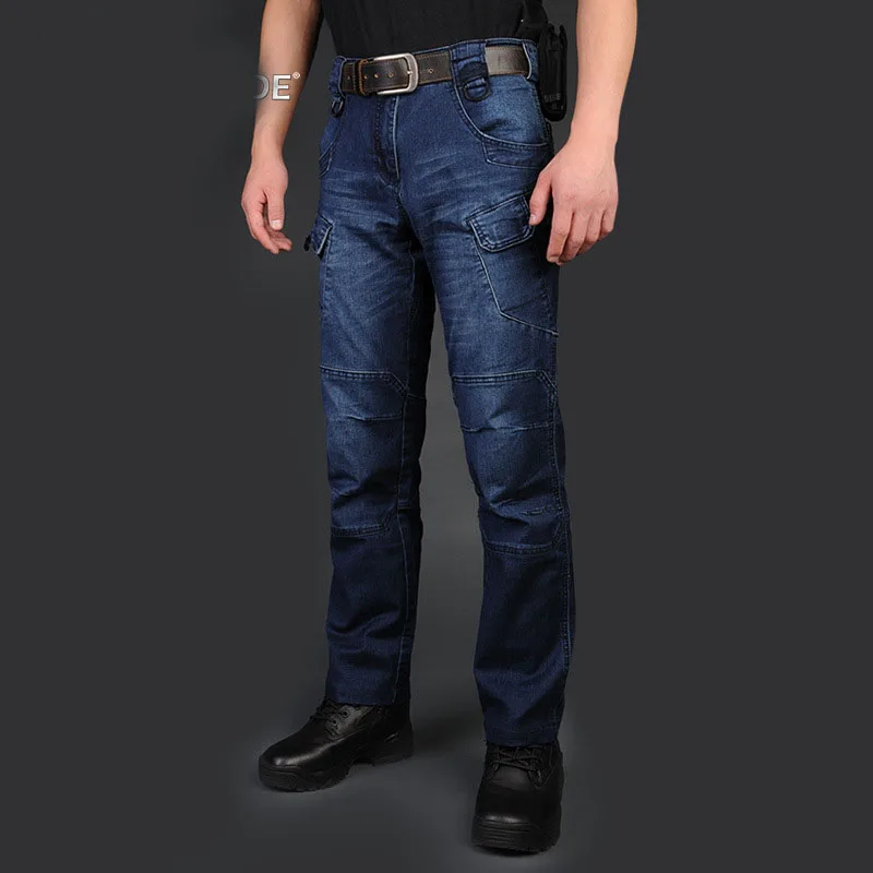 Mcikkny Men's Cargo Casual Jeans Pants With Multi-pockets Motorcycle Denim Trousers Military Style For Men's Outdoor Jeans Blue (1)