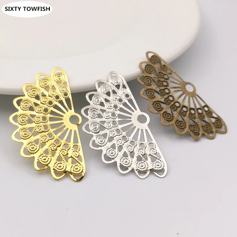 30 pcs/lot 21x37mm Gold color/Antique bronze/White K Metal Fan-shaped Filigree Flowers Slice Charms base Setting diy Jewelry | Украшения и