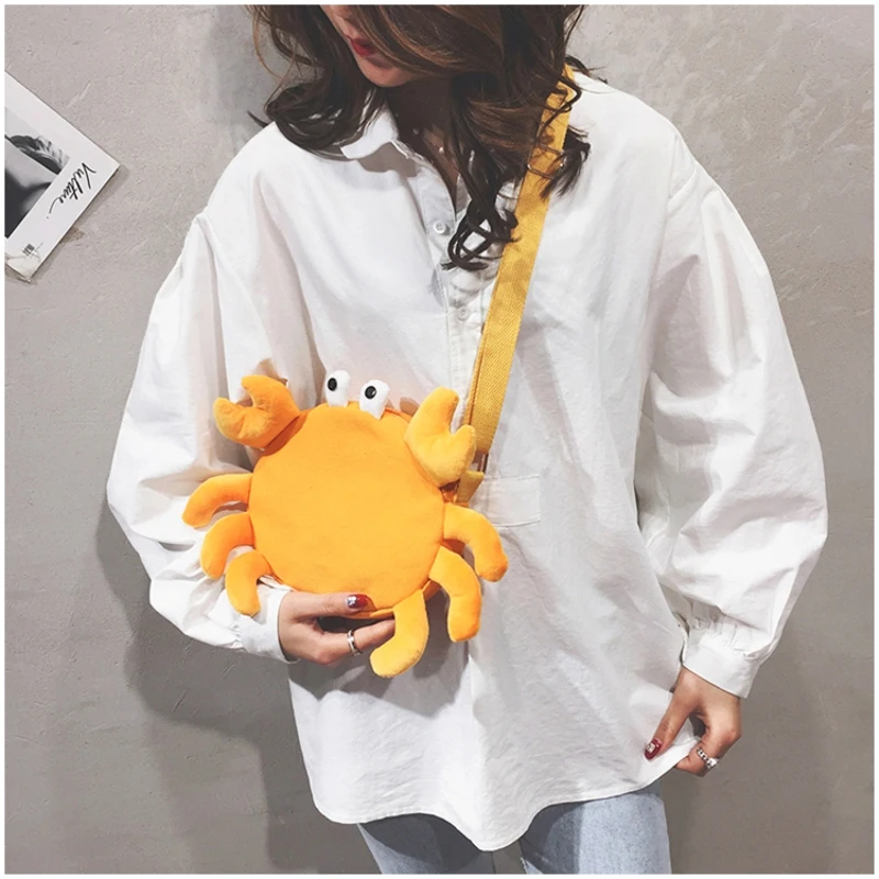 

One-shoulder oblique Bag cartoon female cute budding Animal Plush crab leisure fashion Zipper Solid soft Casual occasion bag