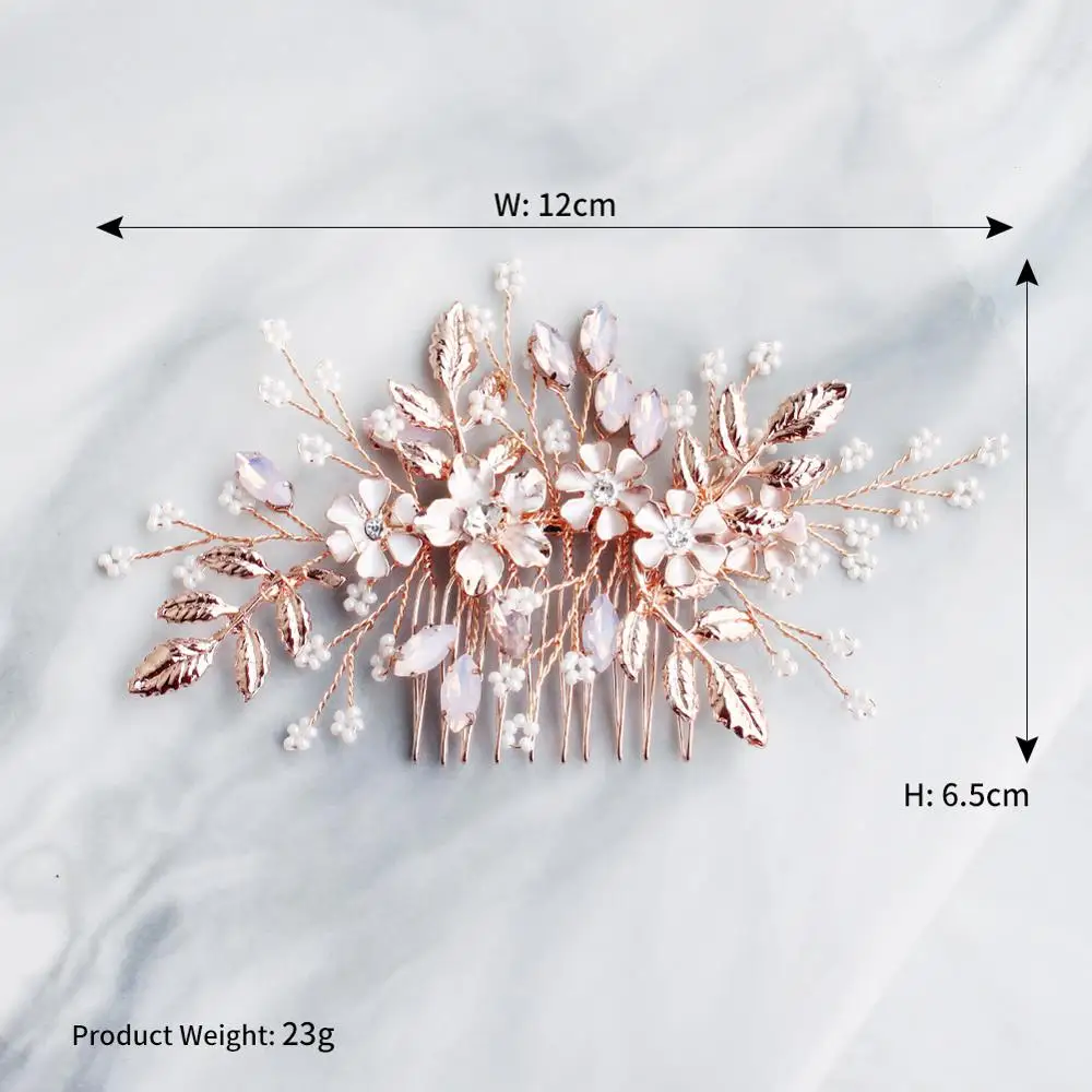 Women Flower Hair Combs Rose Gold Color Leaf Hair Jewelry Accessories Elegant Pink Crystal Wedding Hair Ornament For Bride