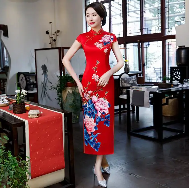 Винтажный женский Принт Китайский традиционный длинный Qipao тонкий классический воротник стойка сценическое шоу элегантное женское платье-Ципао M-4XL - Цвет: 0011
