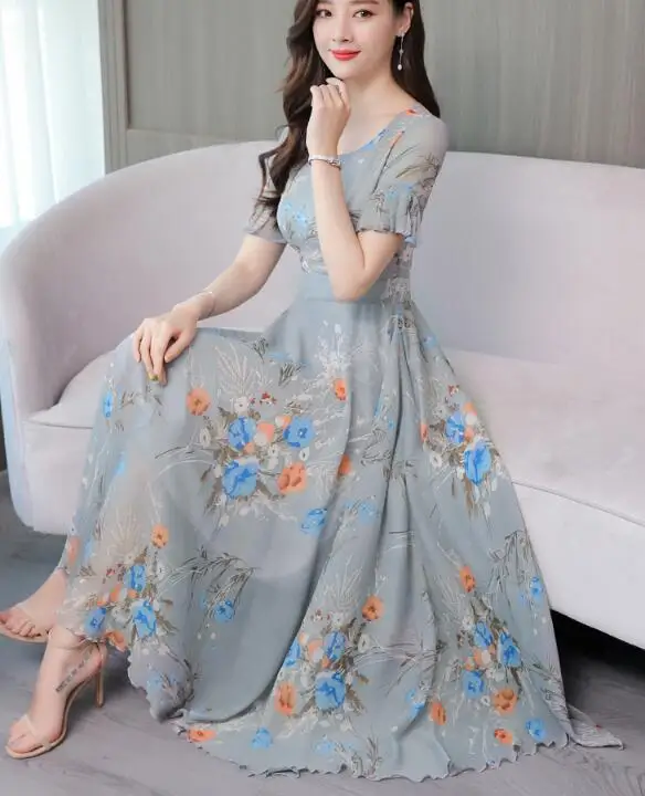 

Plus Size M-3XL 2019 Summer New Arrival Elegant Round Collar Flower Printed Short Sleeve High Quality Chiffon Long Dress