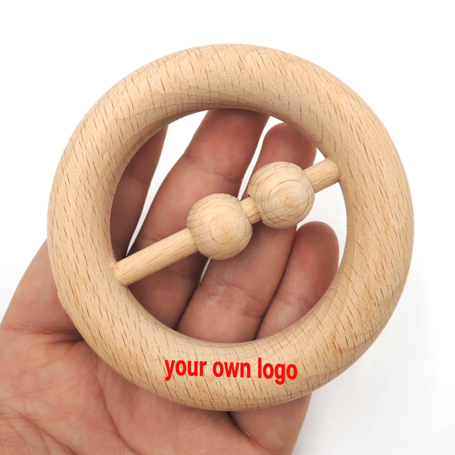 80mm natural customized logo DIY Organic beech Ring teething toy round beech Wooden baby teethers toddler