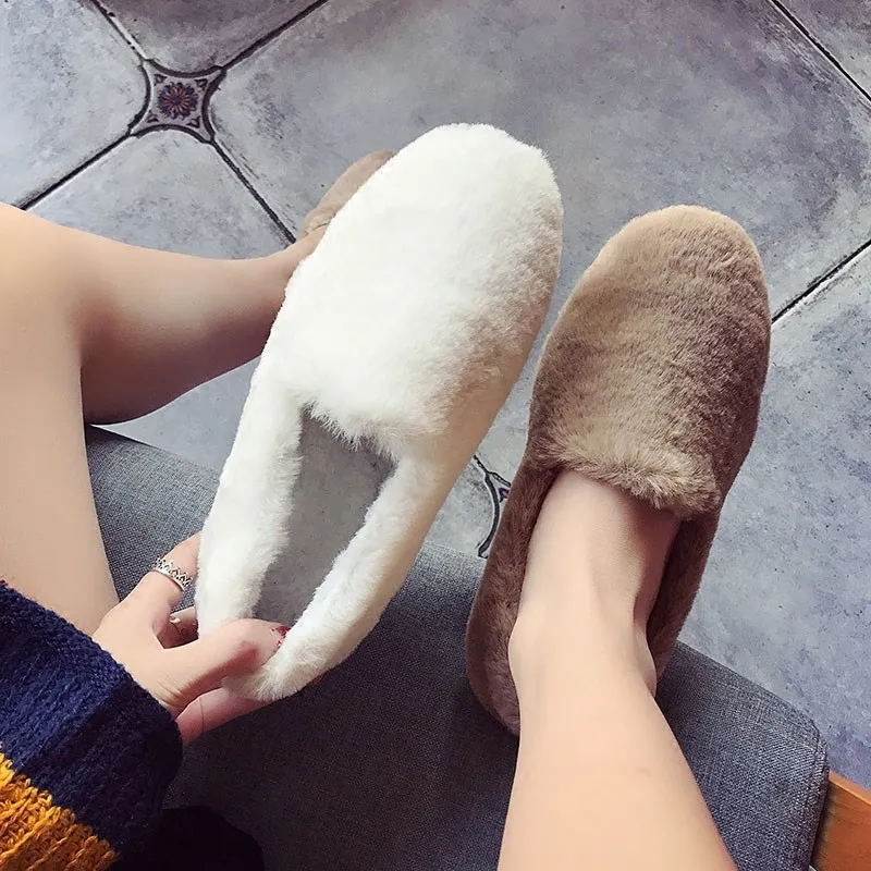 

SWYIVY Woman Fur Warm Loafers Cotton Padded 2018 Winter Velvet Warm Female Casual Shoes Solid Flat Home Footwear Snow Shoes