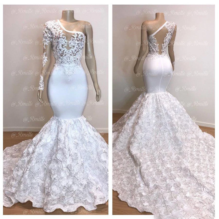 

Africa One Shoulder Mermaid Wedding Dresses 2019 Long 3D Flower Lace Applique See Through Bridal Gowns Custom