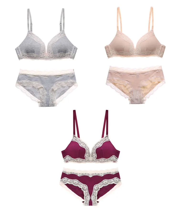 CINOON Sexy lady Bra Set Wire Free Floral Lace Bralette Briefs Set Simple comfortable cotton Bra Underwear Women Lingerie Set (7)
