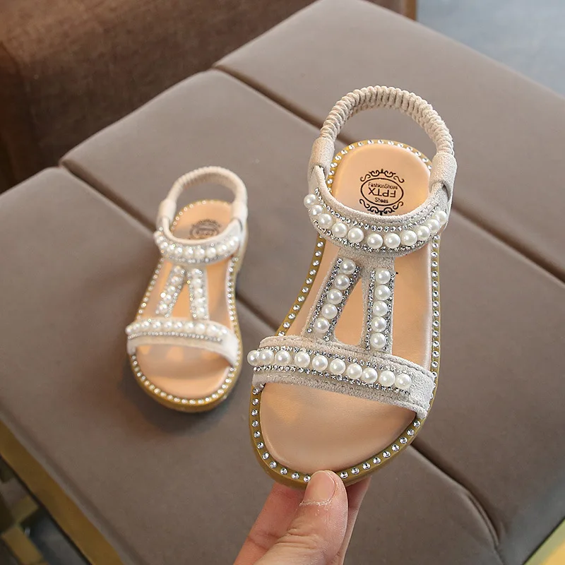 New Summer Baby Girl Roman Style Sandals Kids Beach Sandals Girls Pearl Beading Dress Shoes Baby Rhinestone Summer Shoes