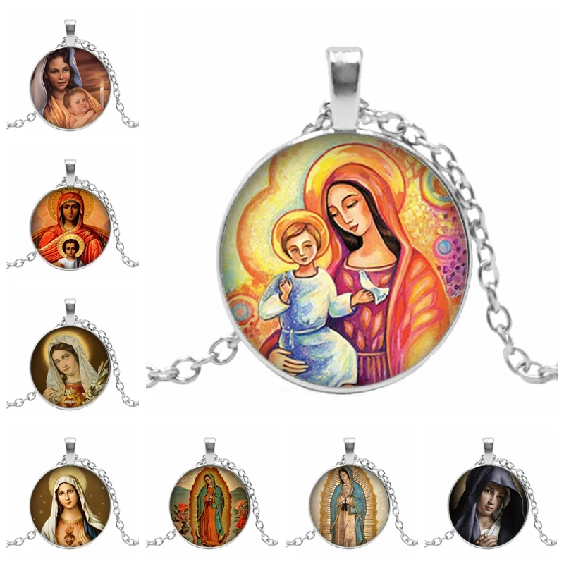 

Hot! New Believers Christian Virgin Mary Convex Round Pendant Photo Glass Dome Jewelry Necklace Wholesale
