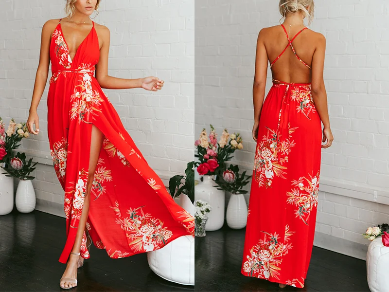 Bohemian Floral Print Boho Maxi Dress Women Chiffon Beach Summer Dress Deep V-Neck Split Backless Sexy Long Dress (7)