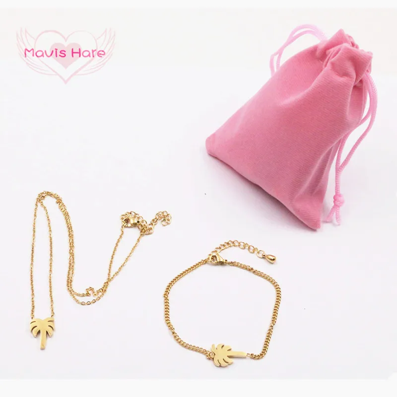 

Mavis Hare Stainless Steel The Palm Tree Necklace Bracelet Gift Bag Set include 7*9cm Pink flannelette bag for Christmas Gift
