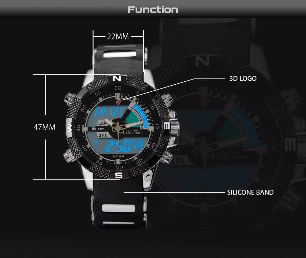 Бренд Акула Аналоговое Двойное Дисплей Времени Даты Дня Функция Будильника Силиконовый Ремешок Мужчины Черный Циферблат Чёрный Корпус Кварцевые Военные Мужские Спортивные Часы/SH042