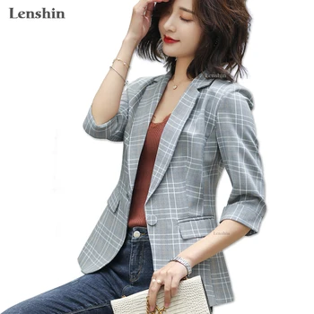 

Lenshin Plaid Jacket for Women Summer Wear Female Casual Style Breathable Coat Half Sleeve Blazer Breathable Tops Outwear