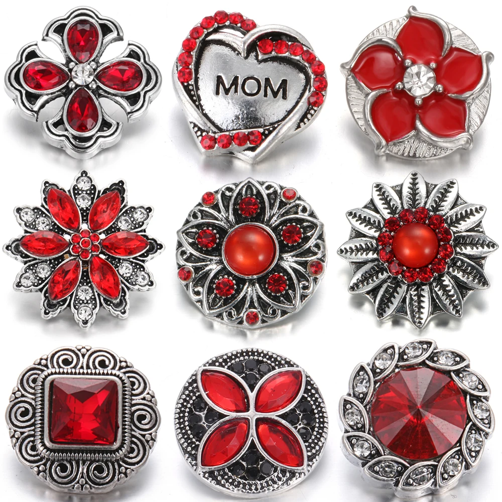 

10pcs/lot New Snap Button Jewelry Snap Jewelry 18mm Red Flower Love Snap Buttons Fit 18mm Snap Bracelet Bangle for Women DIY