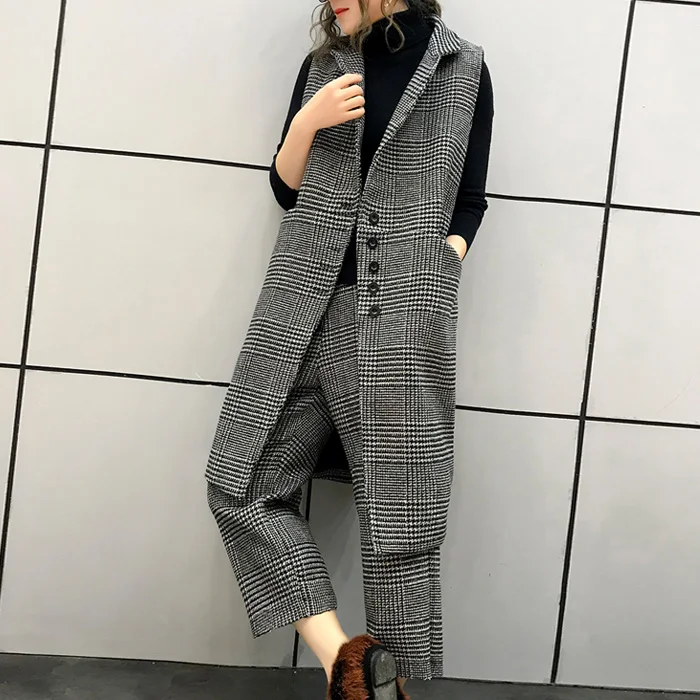 

2018 Pant Suits 2 Piece Set Women Single Breasted Plaid Blazer Vest & Wide Leg Calf Pant Office Lady Suit Ladies Vest Pants