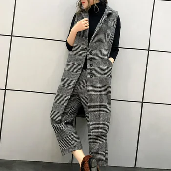 

2018 Pant Suits 2 Piece Set Women Single Breasted Plaid Blazer Vest & Wide Leg Calf Pant Office Lady Suit Ladies Vest Pants