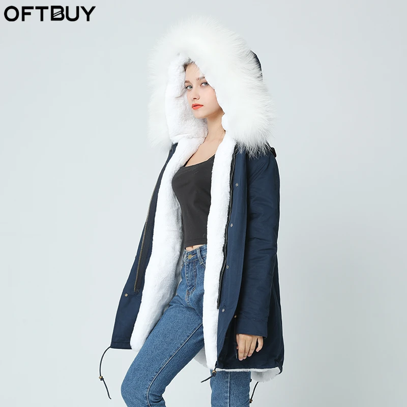 Женская длинная парка с воротником из меха енота OFTBUY темно синяя теплая мягкая