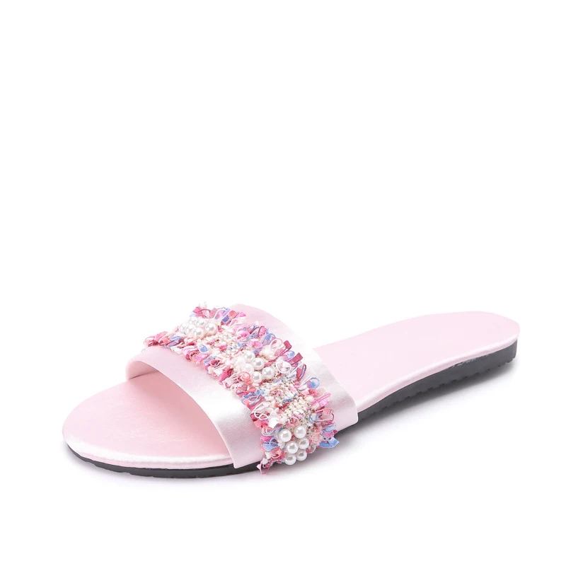 MCCKLE/женские шелковые Тапочки на плоской подошве, Украшенные бусинами; летние женские шлепанцы с жемчужными кисточками и открытым носком; удобная модная повседневная женская обувь - Цвет: Pink