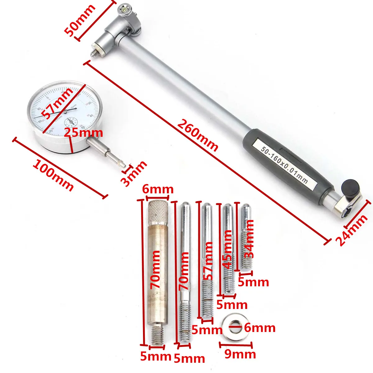  Engine Dial Bore Gauge Hole Indicator Dial Gauge Id Table Measure Range 50-160mm 0.01mm Accuracy Ki