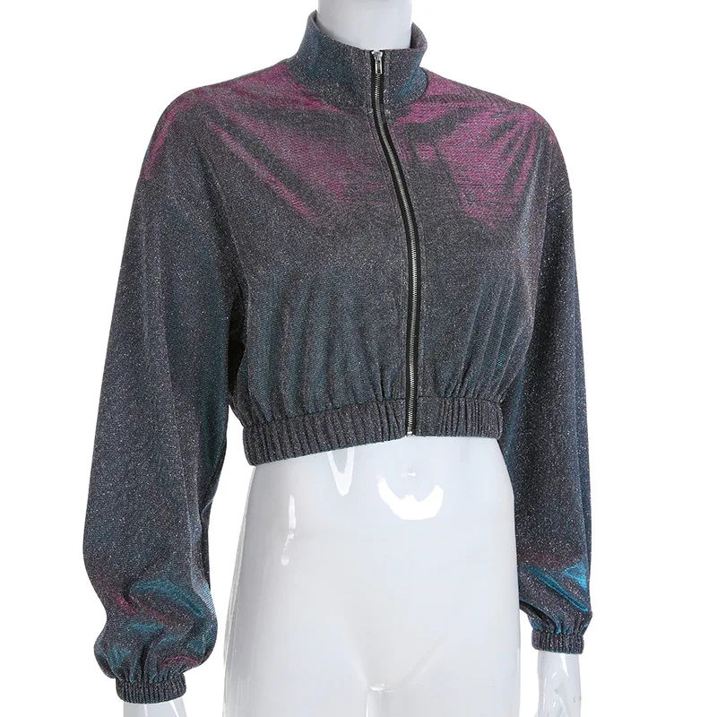 Блестящие металлические цветные куртки с высоким воротом женские с длинным рукавом на молнии спереди эластичный пояс укороченный топ мода весна уличная одежда пальто