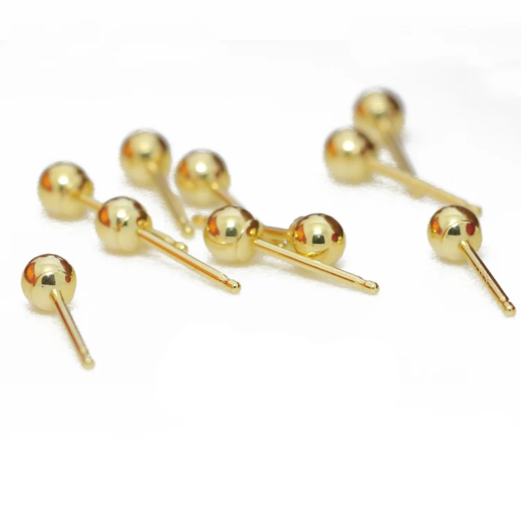 Твердые AU750 золотые гладкие серьги-гвоздики с шариками женские серьги с шариками