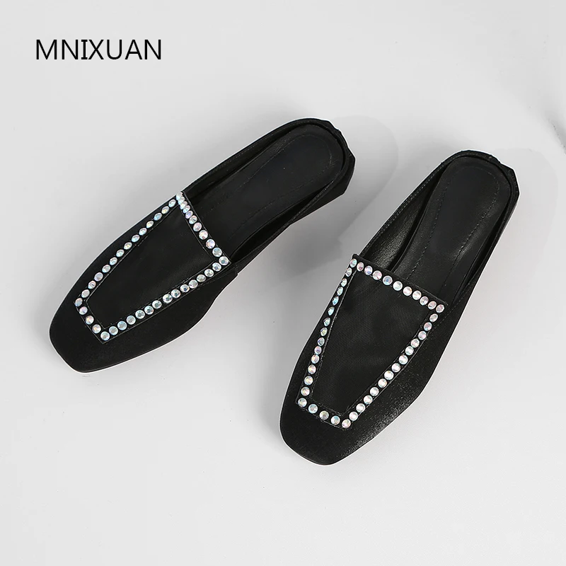 

MNIXUAN 2019new Handmade fashion women shoes pump low heel silk retro square toe slip on block heel slippers black big size34-43