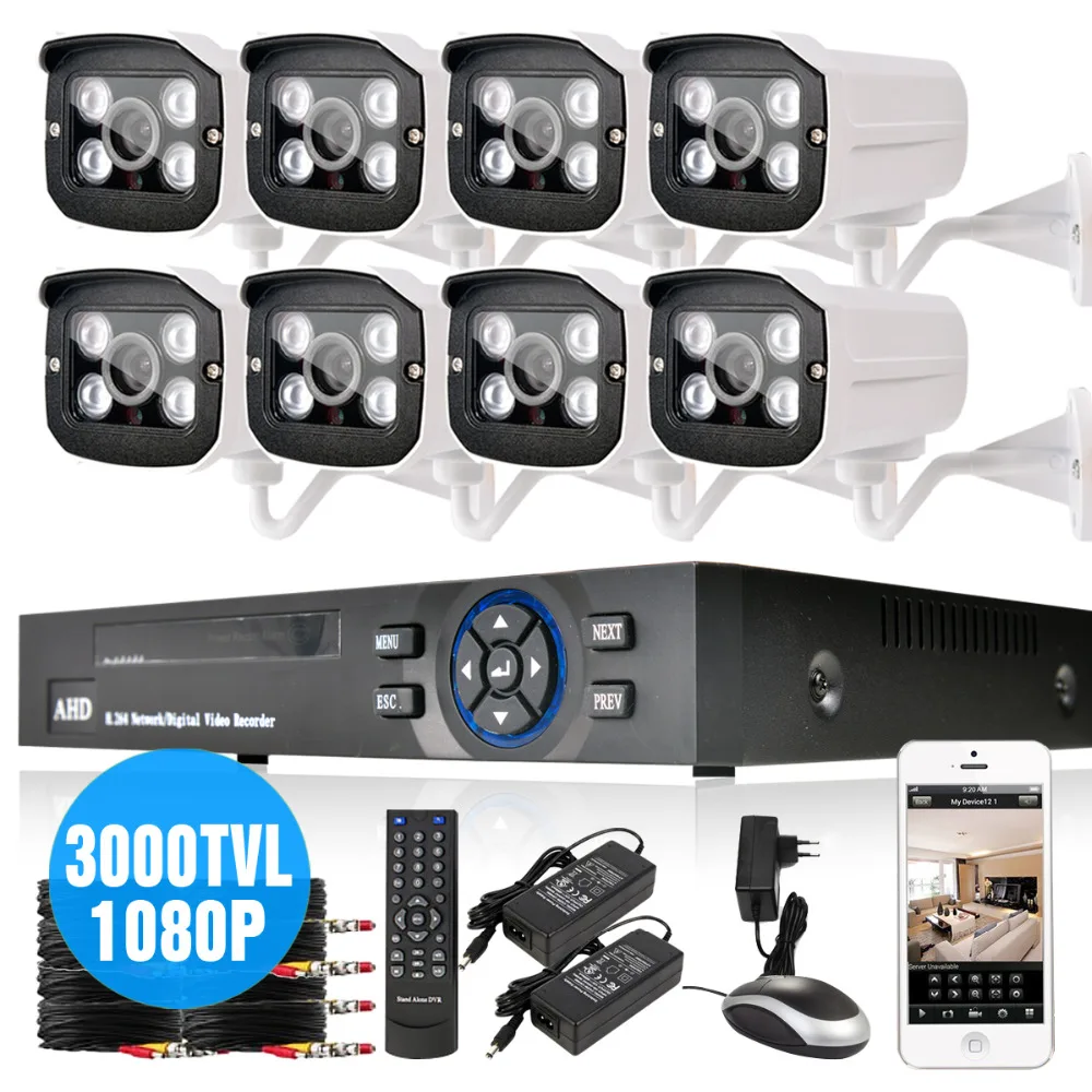  8Channel HDMI 1080P DVR AHD 2Megapiexl 8pcs CCTV Camera System 3000TVL Outdoor Waterproof 4pc Array LED Day Night camera kit 