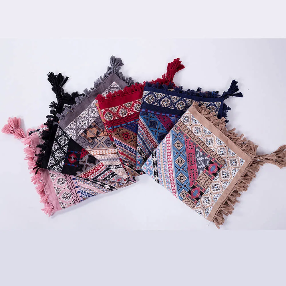 Винтаж узор женщина шарф квадратные шарфы с короткими кисточками с цветочным принтом Для женщин Обертывания зима леди Платки повязка на